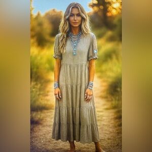 PrettyGarden Tiered long baby doll dress boho natural tan Midi Dress Size Large